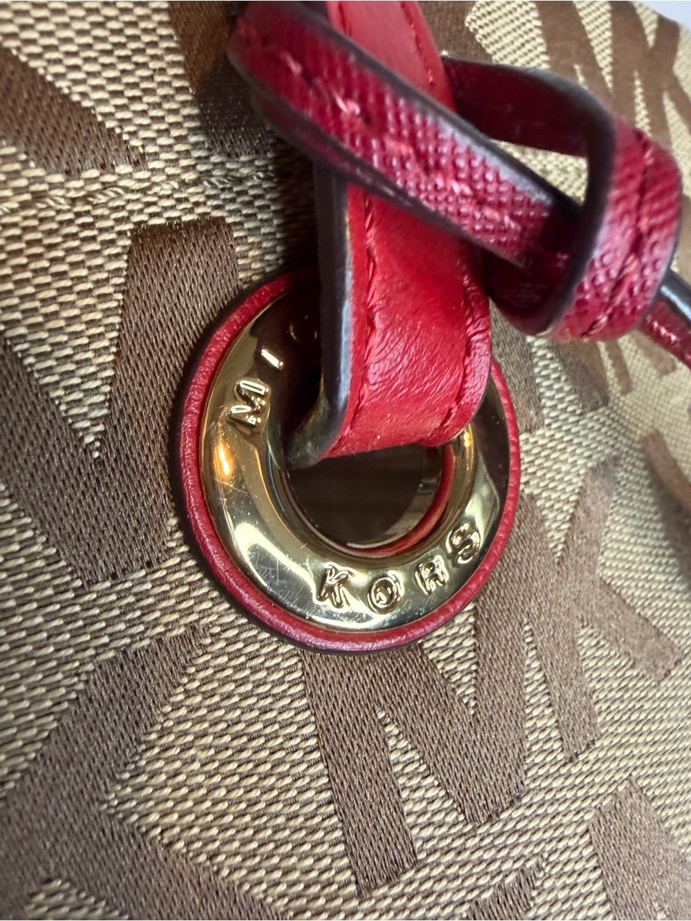 Michael Kors Tan MK Logo Tote with Red Handles - Picture 8 of 10